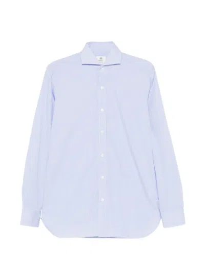 Borrelli Tailored White Cotton Shirt With Classic Collar And Structured Cuffs In Blue