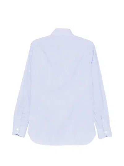Borrelli Tailored White Cotton Shirt With Classic Collar And Structured Cuffs In Blue