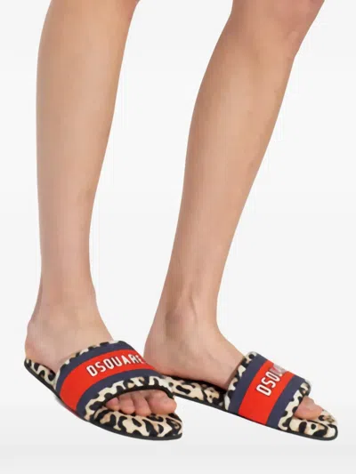 Dsquared2 Leopard-print Logo-patch Sandals In Brown
