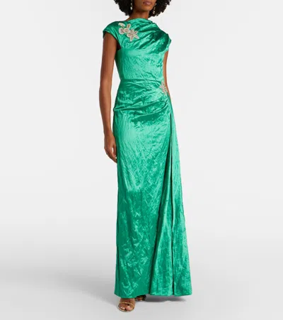 Erdem Womens Sea Green Draped Embellished Satin Maxi Gown