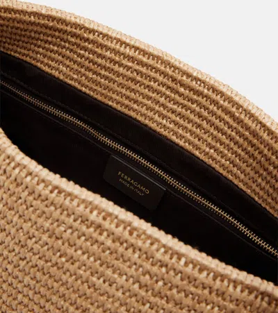 Ferragamo Medium Raffia Shoulder Bag In Nude