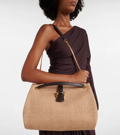 Ferragamo Medium Raffia Shoulder Bag In Nude