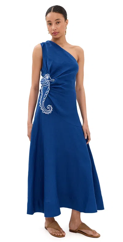 Farm Rio Embroidered Seahorse One-shoulder Linen Dress In Blue