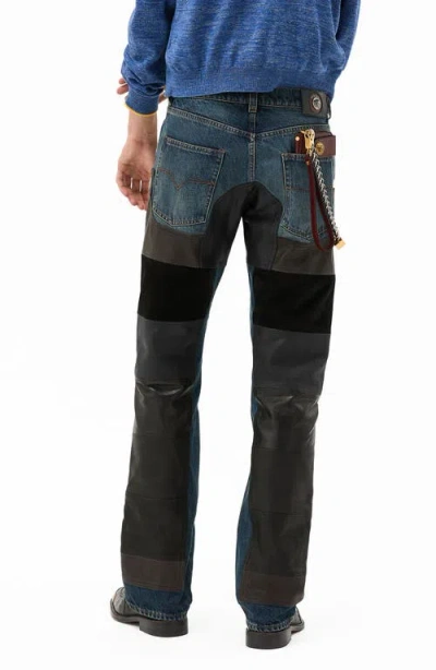 Versace First Line Leather Patchwork Straight Leg Jeans In Multi