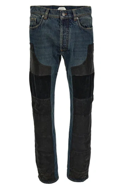 Versace First Line Leather Patchwork Straight Leg Jeans In Multi