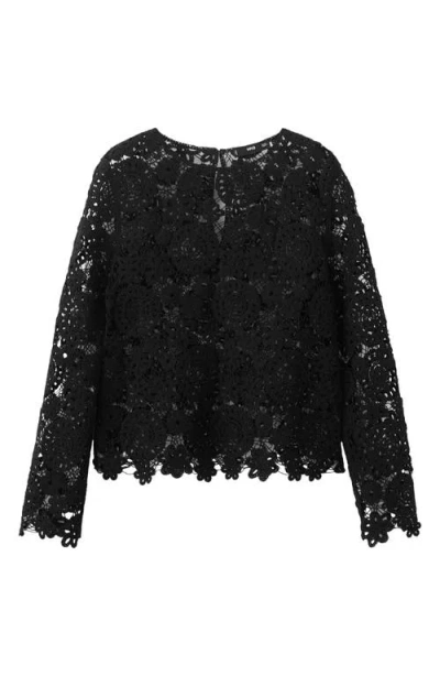 Mango Open Work Floral Sweater In Black