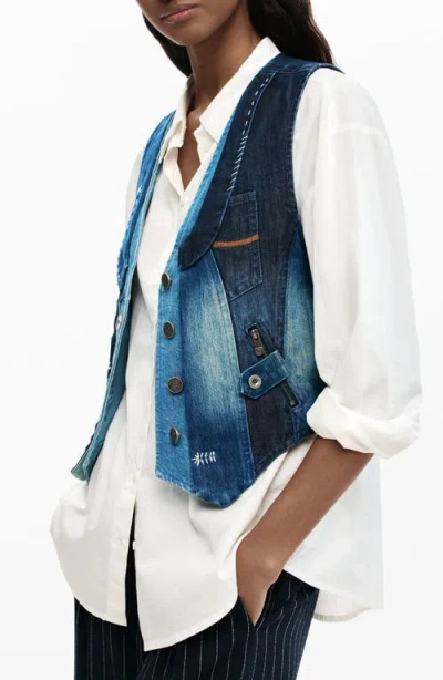 Desigual Patchwork Denim Vest In Blue