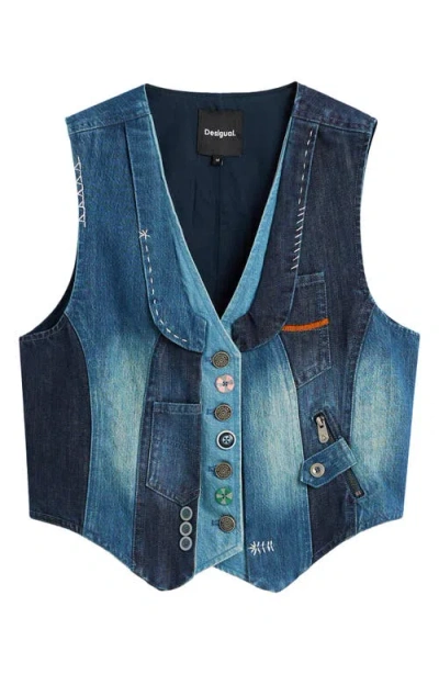 Desigual Patchwork Denim Vest In Blue