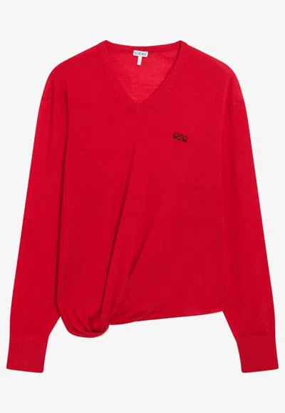 Loewe Womens Logo-embroidered Twisted-side Wool Jumper Xs In Red