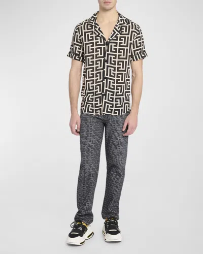 Balmain -style Relaxed Fit Shirt Collar Mini Short-sleeve Button-up With Piped Trim In Brown