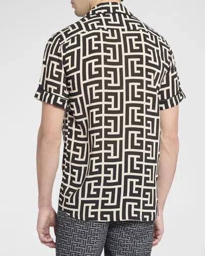 Balmain -style Relaxed Fit Shirt Collar Mini Short-sleeve Button-up With Piped Trim In Brown
