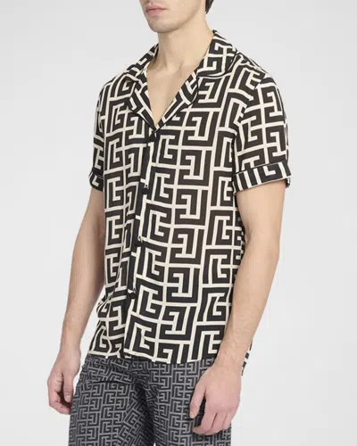 Balmain -style Relaxed Fit Shirt Collar Mini Short-sleeve Button-up With Piped Trim In Brown