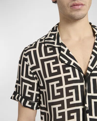 Balmain -style Relaxed Fit Shirt Collar Mini Short-sleeve Button-up With Piped Trim In Brown