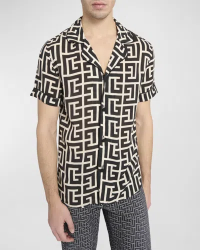 Balmain -style Relaxed Fit Shirt Collar Mini Short-sleeve Button-up With Piped Trim In Brown