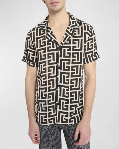 Balmain -style Relaxed Fit Shirt Collar Mini Short-sleeve Button-up With Piped Trim In Brown
