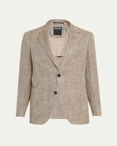 Zegna Herringbone-pattern Wool-blend Jacket In Gray