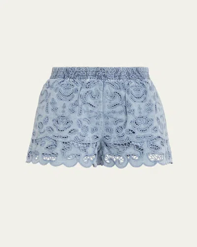 Alice And Olivia Kenley Eyelet Drawstring Denim Shorts Sierra Light Blue In Blue
