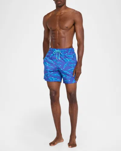 Vilebrequin Men Long Ultra-light And Packable Swim Shorts Sparkling Whales In Blue