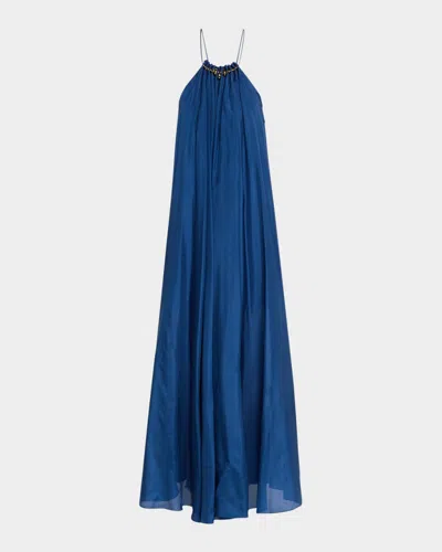 Zimmermann Aster Gathered Beaded Silk-satin Maxi Dress In Blue