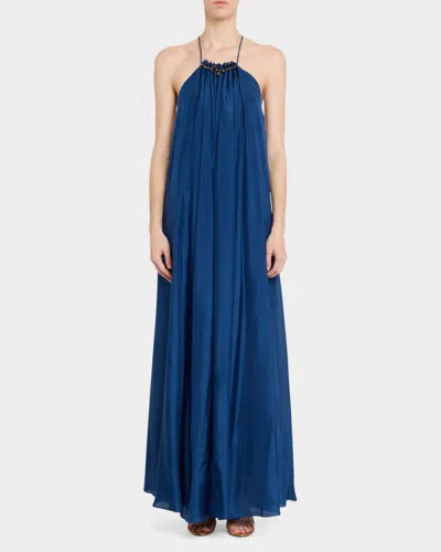 Zimmermann Aster Gathered Beaded Silk-satin Maxi Dress In Blue