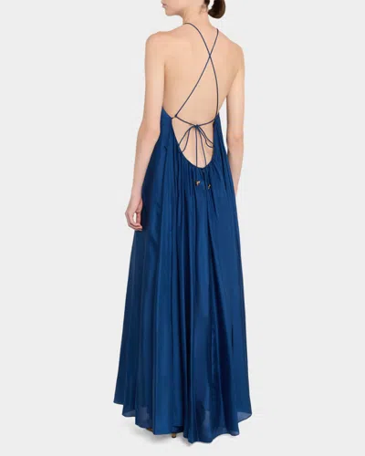 Zimmermann Aster Gathered Beaded Silk-satin Maxi Dress In Blue