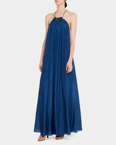 Zimmermann Aster Gathered Beaded Silk-satin Maxi Dress In Blue