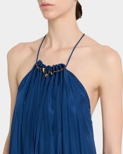 Zimmermann Aster Gathered Beaded Silk-satin Maxi Dress In Blue