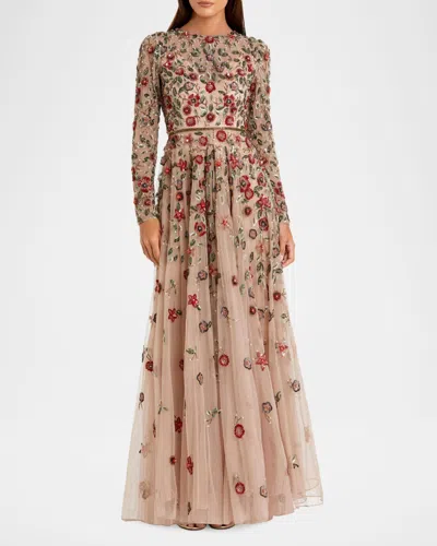 Mac Duggal Embellished High Neck Long Sleeve A Line Gown In Antique Rose