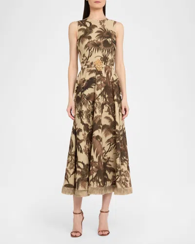 Oscar De La Renta Sleeveless Chine Palm-print Belted Midi Dress In Multi