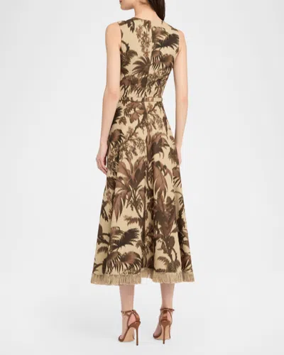 Oscar De La Renta Sleeveless Chine Palm-print Belted Midi Dress In Multi