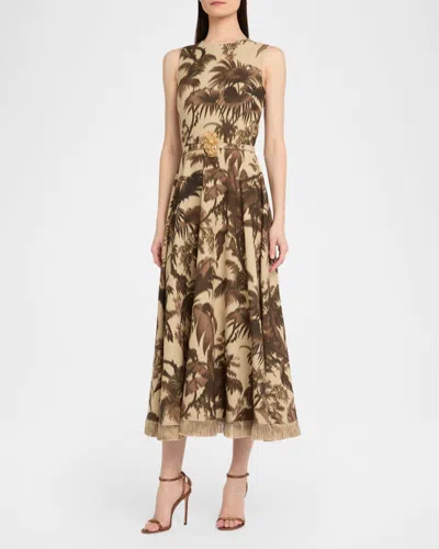Oscar De La Renta Sleeveless Chine Palm-print Belted Midi Dress In Multi