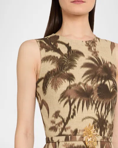 Oscar De La Renta Sleeveless Chine Palm-print Belted Midi Dress In Multi