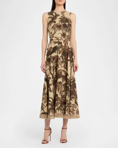 Oscar De La Renta Sleeveless Chine Palm-print Belted Midi Dress In Multi