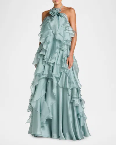 Mac Duggal Organza Halter Neck Open Back Ruffle Gown In Green