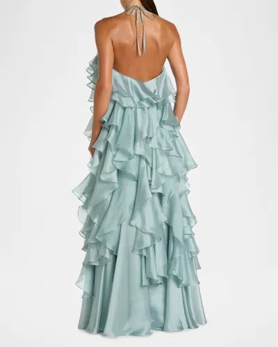 Mac Duggal Organza Halter Neck Open Back Ruffle Gown In Green