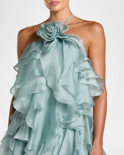 Mac Duggal Organza Halter Neck Open Back Ruffle Gown In Green