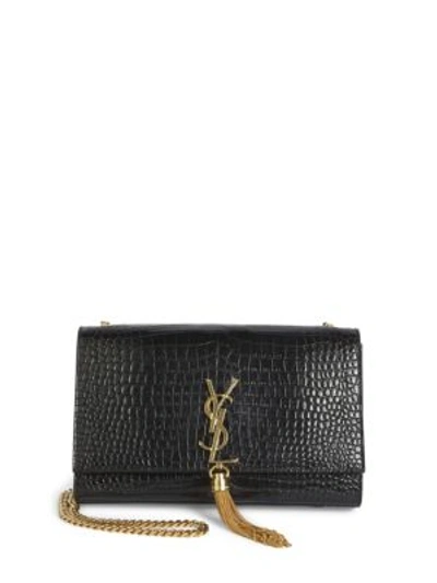 Shop Saint Laurent Kate Monogram Croc-embossed Leather Tassel Chain Shoulder Bag In Black