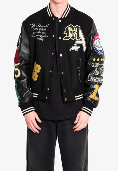 Amiri Appliquéd Embroidered Leather And Wool-blend Varsity Jacket In Black
