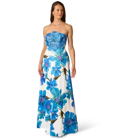 Adrianna Papell Strapless 3d Floral Beaded Dupioni Gown In Ivory Blue Multi
