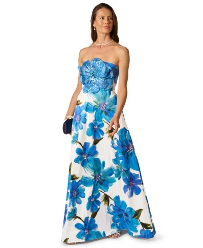 Adrianna Papell Strapless 3d Floral Beaded Dupioni Gown In Ivory Blue Multi
