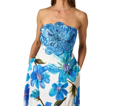 Adrianna Papell Strapless 3d Floral Beaded Dupioni Gown In Ivory Blue Multi