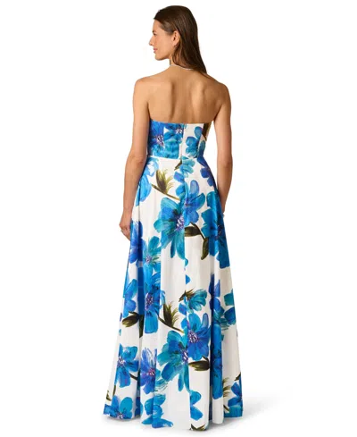 Adrianna Papell Strapless 3d Floral Beaded Dupioni Gown In Ivory Blue Multi