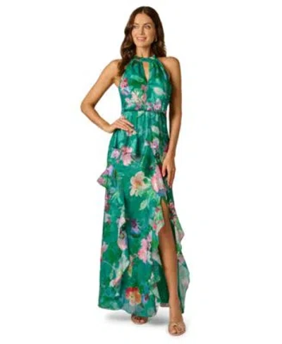 Adrianna Papell Floral Chiffon Blouson Ruffle Halter Gown In Green Multi
