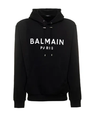 Balmain Logo Printed Drawstring Sweatshirt In Black