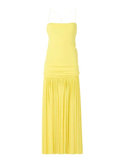 Jacquemus Yellow Dress With Straight Neckline And Gathered Waist In Tech Fabric Woman In Yellow