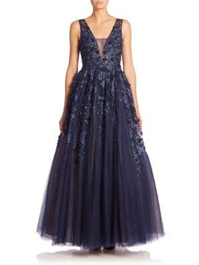 Shop Basix Black Label Floral Appliqué Gown In Navy