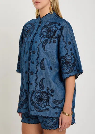 Zimmermann Aster Broderie Anglaise-trimmed Cotton-denim Mini Dress In Blue