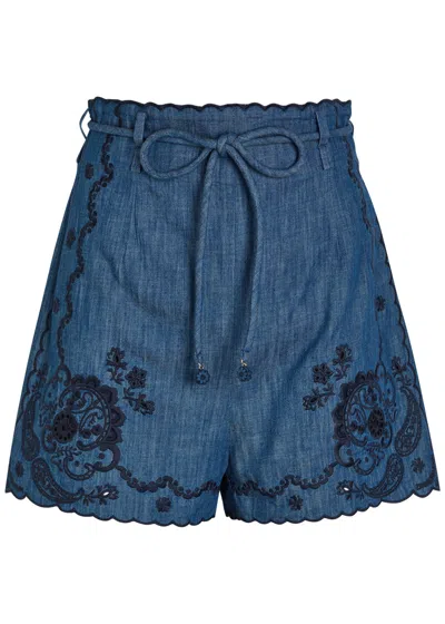 Zimmermann Womens Railway Blue Aster Embroidered Denim Shorts Xs In Blue