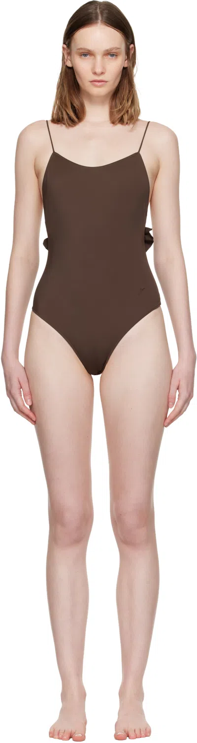 Jacquemus Cabana One Piece Swimsuit High Leg Ruffle In Brown