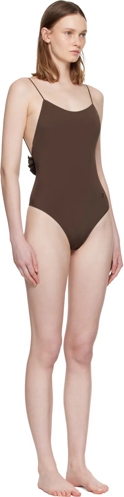 Jacquemus Cabana One Piece Swimsuit High Leg Ruffle In Brown